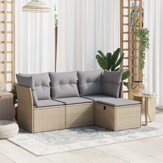4-delige Loungeset met kussens poly rattan gemengd beige