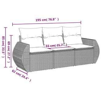 3-delige Loungeset met kussens poly rattan grijs