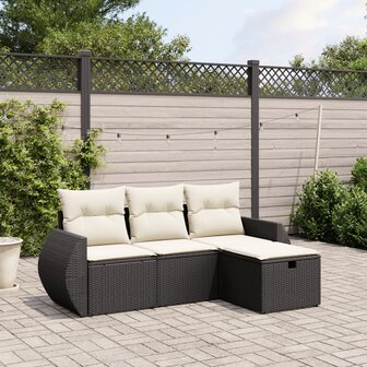 4-delige Loungeset met kussens poly rattan zwart