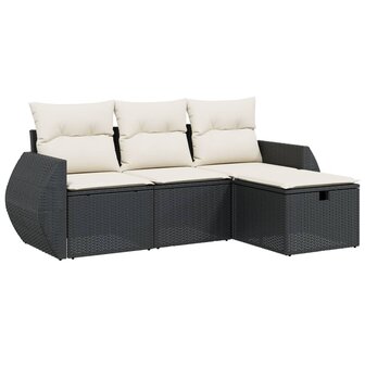 4-delige Loungeset met kussens poly rattan zwart