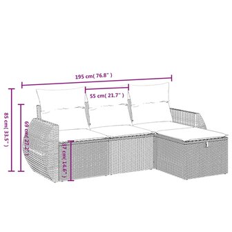 4-delige Loungeset met kussens poly rattan zwart