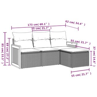 4-delige Loungeset met kussens poly rattan zwart