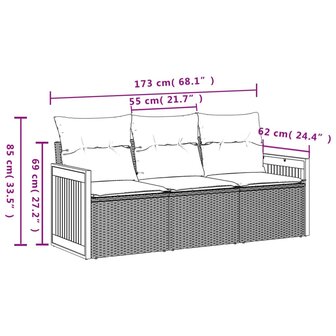 3-delige Loungeset met kussens poly rattan grijs
