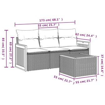 4-delige Loungeset met kussens poly rattan zwart