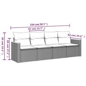 4-delige Loungeset met kussens poly rattan gemengd beige