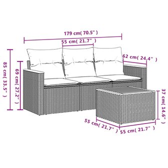 4-delige Loungeset met kussens poly rattan zwart