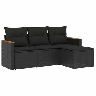 4-delige Loungeset met kussens poly rattan zwart