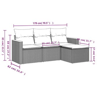4-delige Loungeset met kussens poly rattan zwart