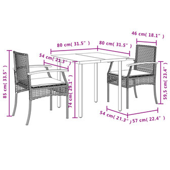 3-delige Tuinset met kussens poly rattan beige