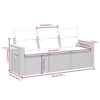 3-delige Loungeset met kussens poly rattan zwart