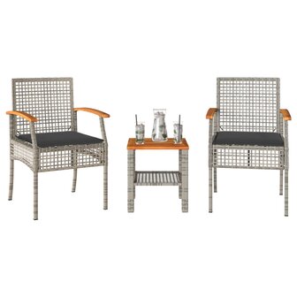 3-delige Bistroset met kussens poly rattan en acaciahout grijs