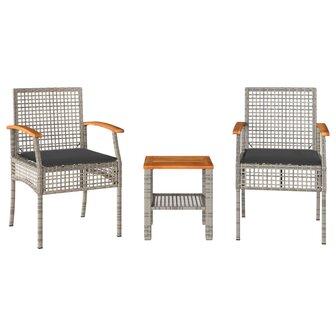 3-delige Bistroset met kussens poly rattan en acaciahout grijs