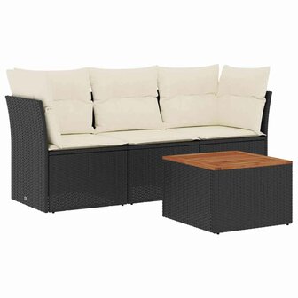 4-delige Loungeset met kussens poly rattan zwart
