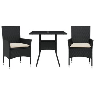 3-delige Tuinset met kussens poly rattan en glas zwart