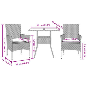 3-delige Tuinset met kussens poly rattan en glas zwart