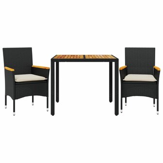 3-delige Tuinset met kussens poly rattan en acaciahout zwart