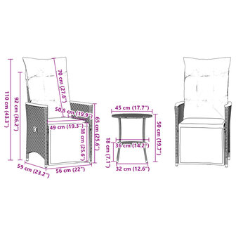 3-delige Bistroset met kussens poly rattan zwart