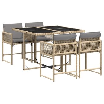 5-delige Tuinset met kussens poly rattan gemengd beige