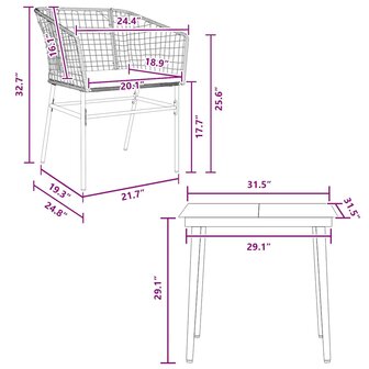 3-delige Tuinset met kussens poly rattan glas bruin
