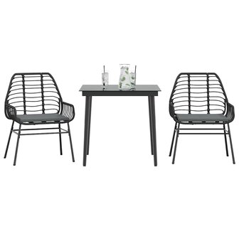 3-delige Tuinset met kussens poly rattan glas zwart