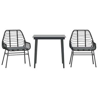 3-delige Tuinset met kussens poly rattan glas zwart