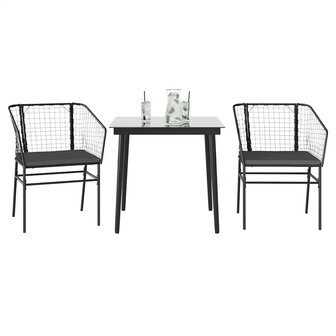 3-delige Tuinset met kussens poly rattan glas zwart