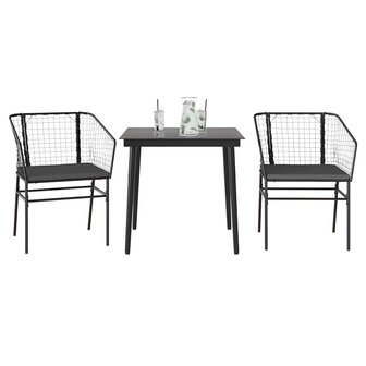 3-delige Tuinset met kussens poly rattan glas zwart