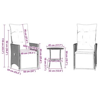 3-delige Bistroset met kussens poly rattan grijs