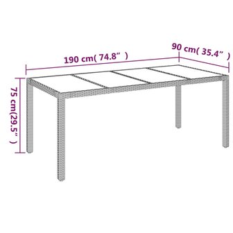 Tuintafel met glazen blad 190x90x75 cm poly rattan grijs