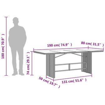 Tuintafel met glazen blad 190x80x74 cm poly rattan grijs