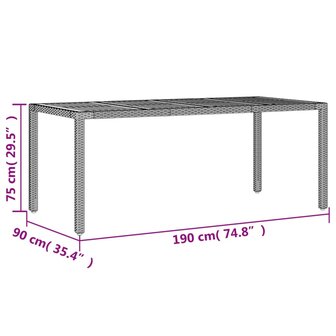 Tuintafel met acaciahouten blad 190x90x75 cm poly rattan grijs