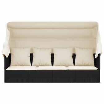 Loungebed met luifel en kussens poly rattan zwart