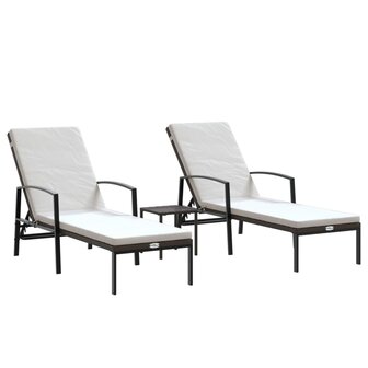 Ligbedden 2 st met tafel poly rattan bruin
