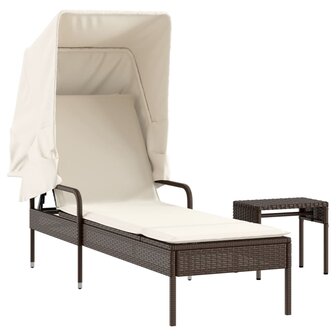 Ligbed met luifel en tafel poly rattan bruin