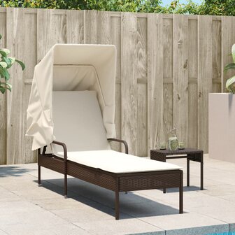 Ligbed met luifel en tafel poly rattan bruin