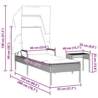 Ligbed met luifel en tafel poly rattan beige