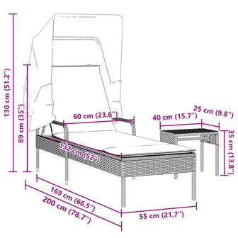 Ligbed met luifel en tafel poly rattan grijs