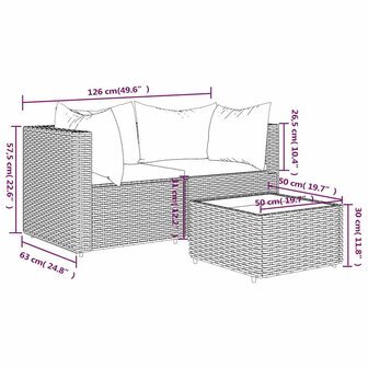 3-delige Loungeset met kussens poly rattan zwart
