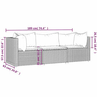 3-delige Loungeset met kussens poly rattan bruin