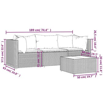 4-delige Loungeset met kussens poly rattan bruin