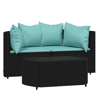 3-delige Loungeset met kussens poly rattan zwart