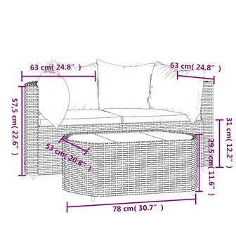 3-delige Loungeset met kussens poly rattan zwart