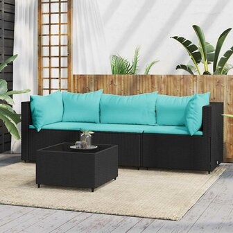4-delige Loungeset met kussens poly rattan zwart