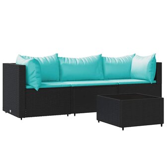 4-delige Loungeset met kussens poly rattan zwart