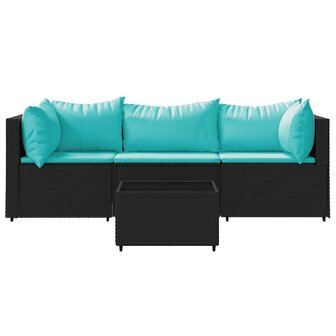 4-delige Loungeset met kussens poly rattan zwart
