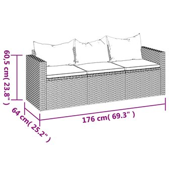 Tuinbank 3-zits met kussens poly rattan zwart