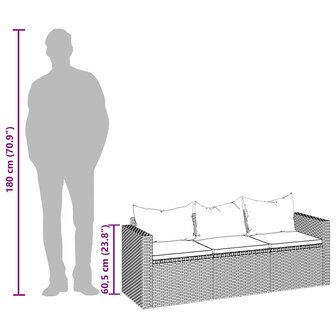 Tuinbank 3-zits met kussens poly rattan zwart