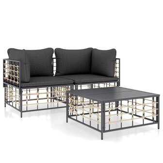 3-delige Loungeset met kussens poly rattan antracietkleurig