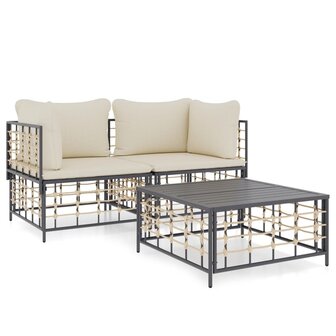3-delige Loungeset met kussens poly rattan antracietkleurig