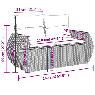 Tuinbank 2-zits met kussens poly rattan beige